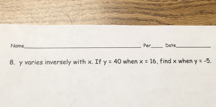 Suppose that y varies inversely with x